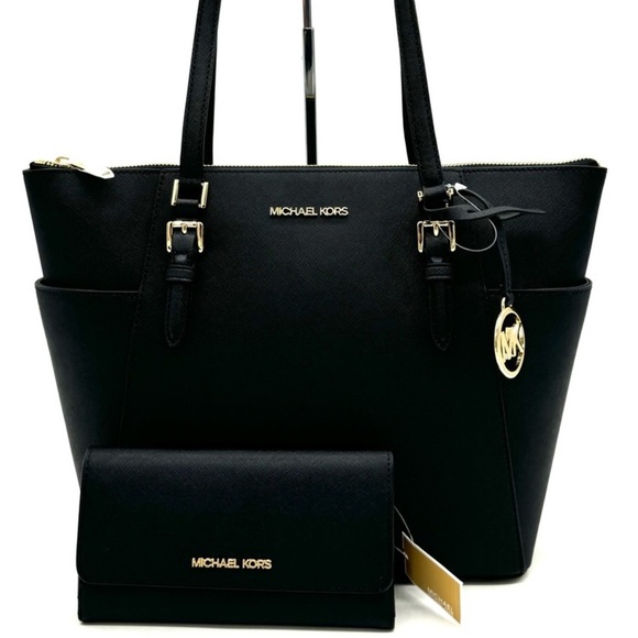 Michael Kors Large Charlotte TZ Tote Bag & Large Trifold Wallet Black/Gold